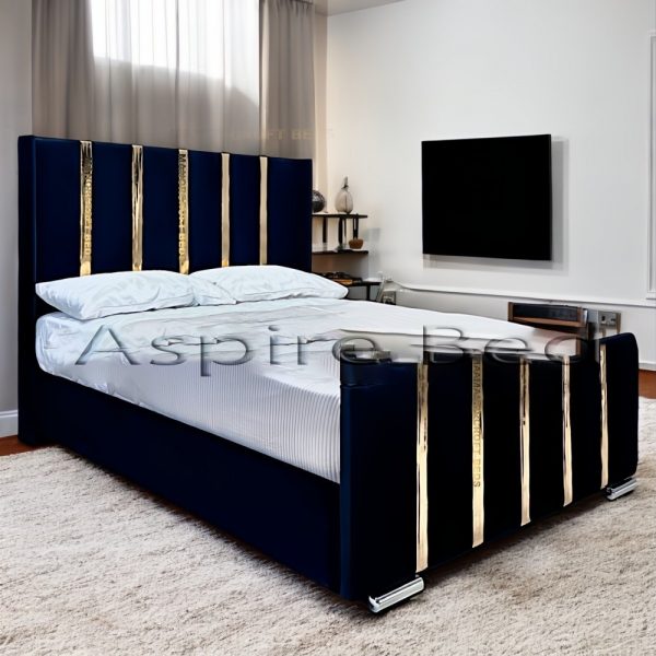 2025 Gold Strip Panels Luxury Plush Velvet Bed Frame with 3D Gold Strip Bed Designs With Optional Ottoman Storage