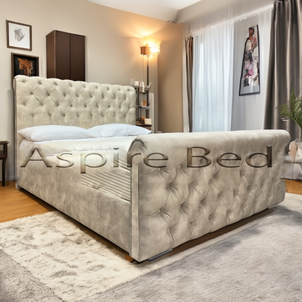 2025 Hadley Bed With Studs Upholstered Designer Bed Frame With Optional Ottoman Storage