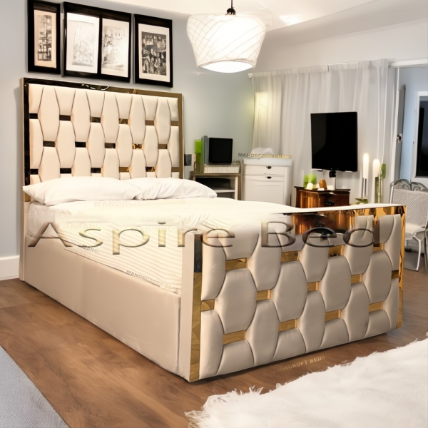 2025 Hexagon Panels with 3D Gold Strip Bed Designs With Optional Ottoman Storage